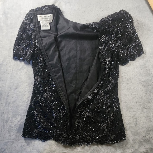 Papell Boutique Evening Size S Vintage 100% Silk Sequin Beaded Top Black - Picture 5 of 7
